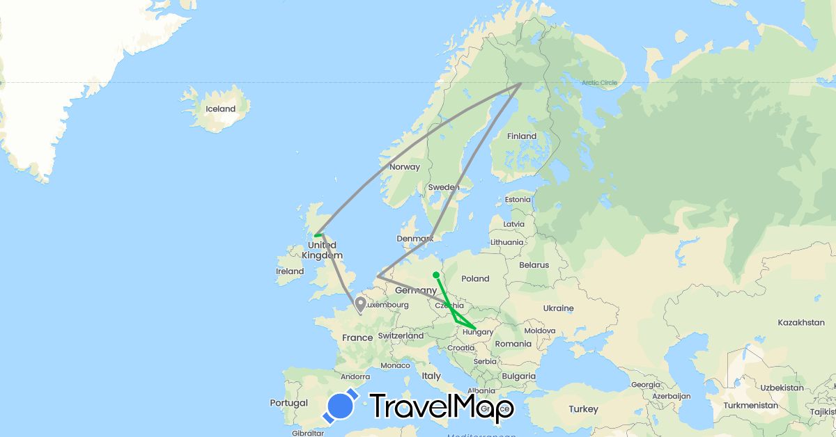 TravelMap itinerary: bus, plane in Austria, Czech Republic, Germany, Denmark, Finland, France, United Kingdom, Hungary, Netherlands (Europe)